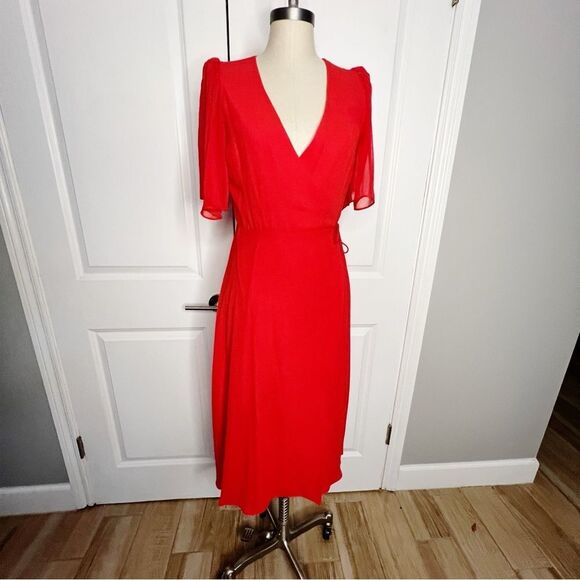 Alice + Olivia Suri True Wrap Midi Dress Red Size 2 Sheer Sleeves - Picture 5 of 14